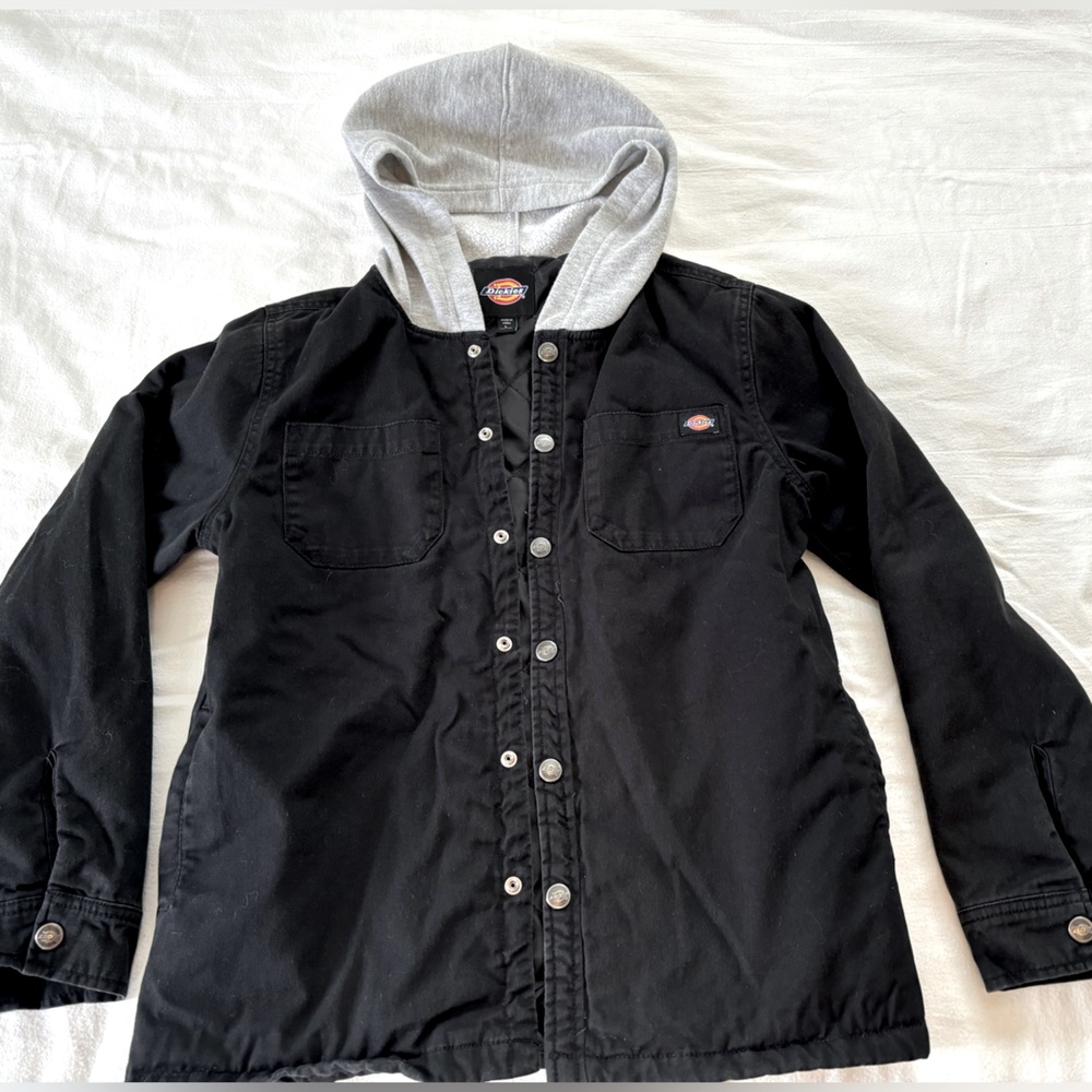 Dickies Black lined jacket with gray hood. Size Large boys 14/16